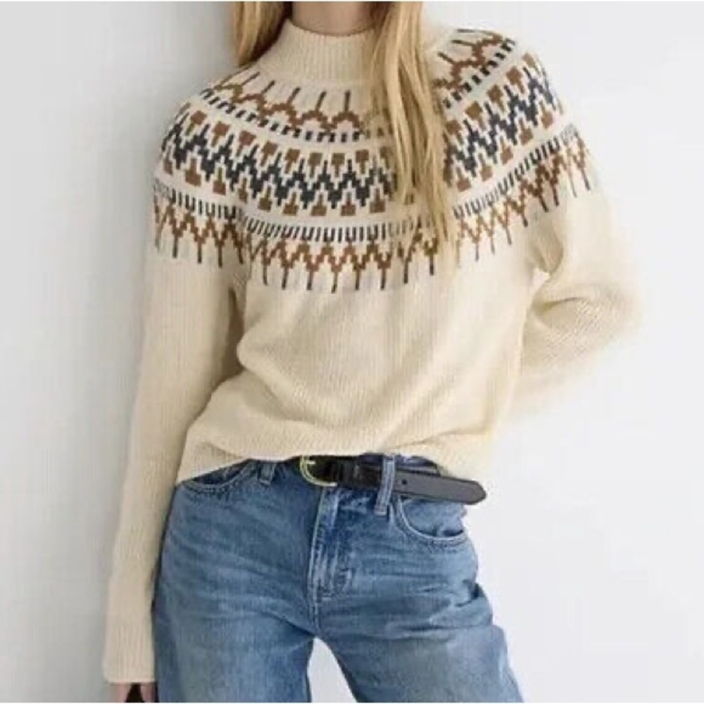 New J Crew Fair Isle mockneck sweater wool blend muslin caramel charcoal sz XS